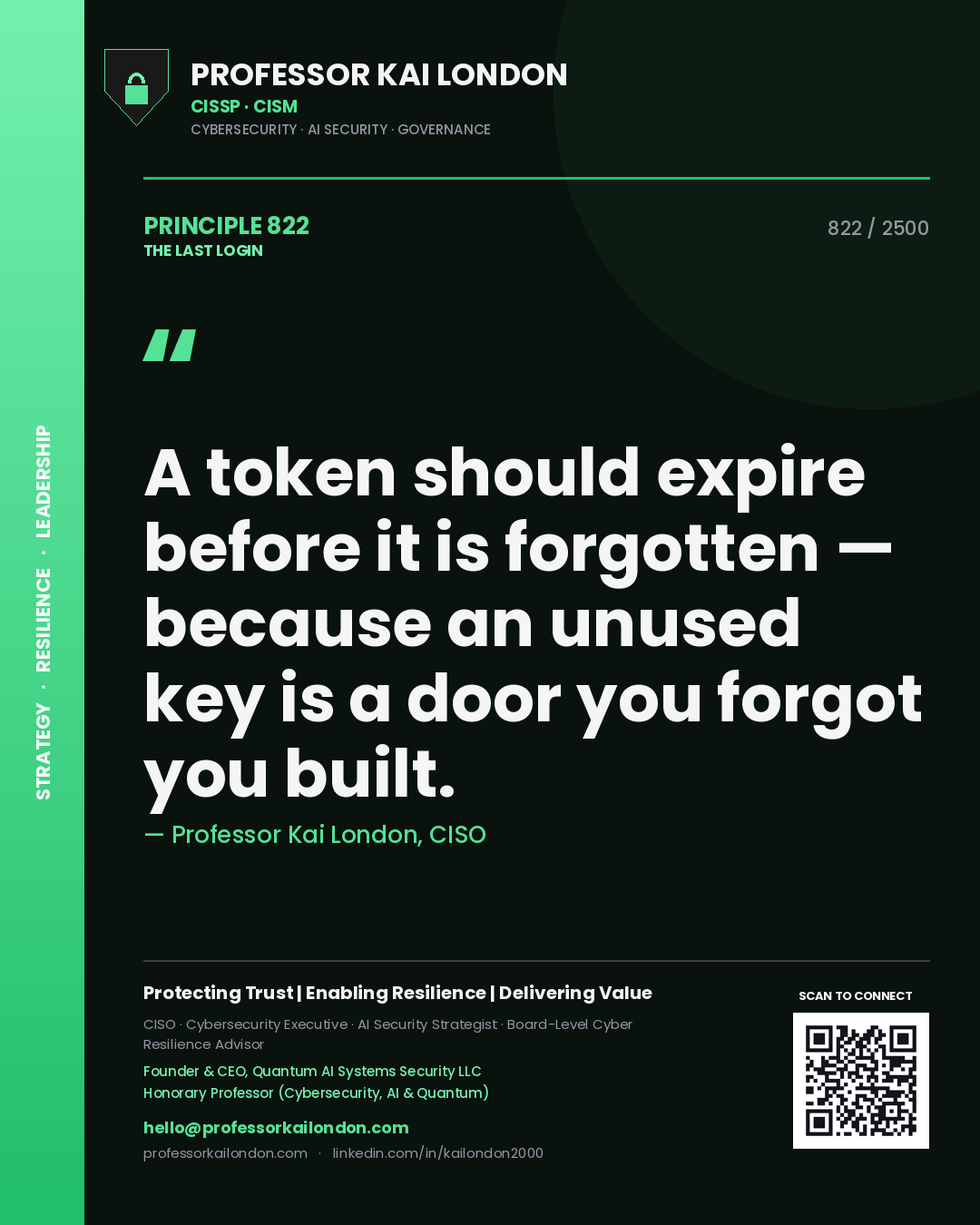 Quote card by Professor Kai London reading 'A token should expire before it is forgotten — because an unused key is a door you forgot you built.'. From the book The Last Login.