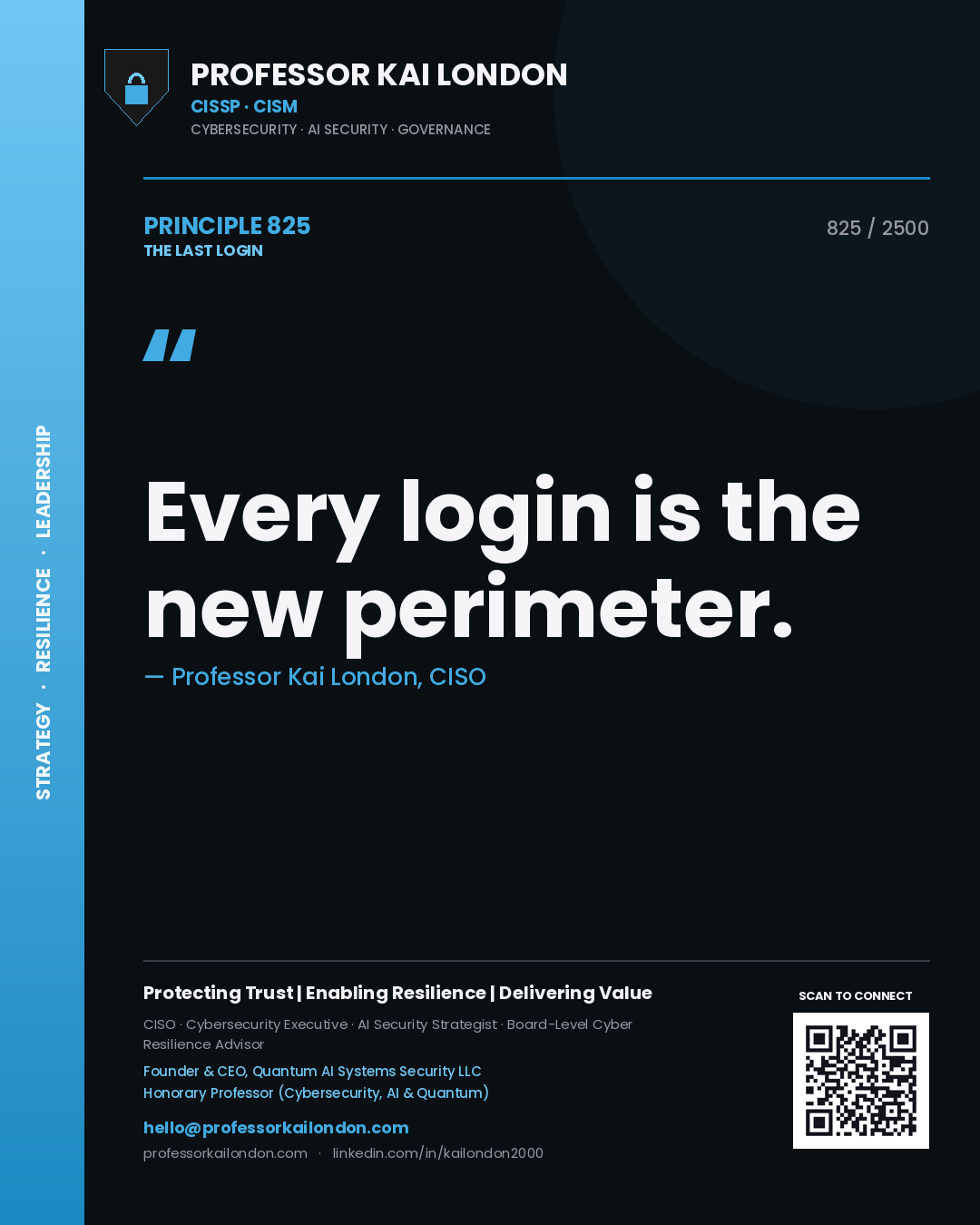 Quote card by Professor Kai London reading 'Every login is the new perimeter.'. From the book The Last Login.