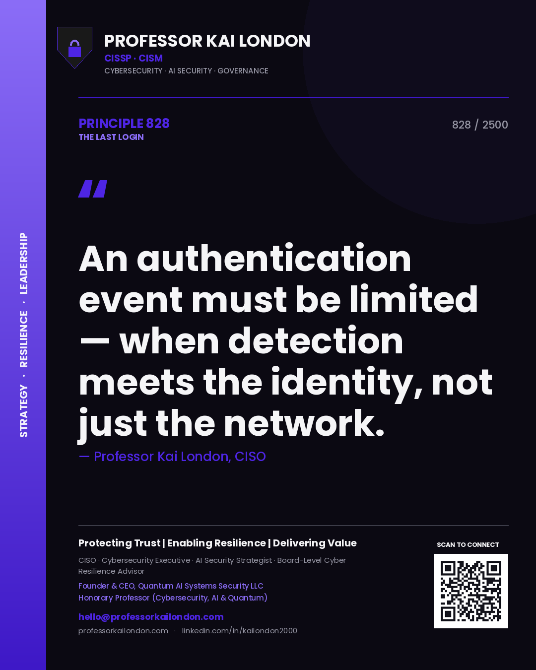 Quote card by Professor Kai London reading 'An authentication event must be limited — when detection meets the identity, not just the network.'. From the book The Last Login.