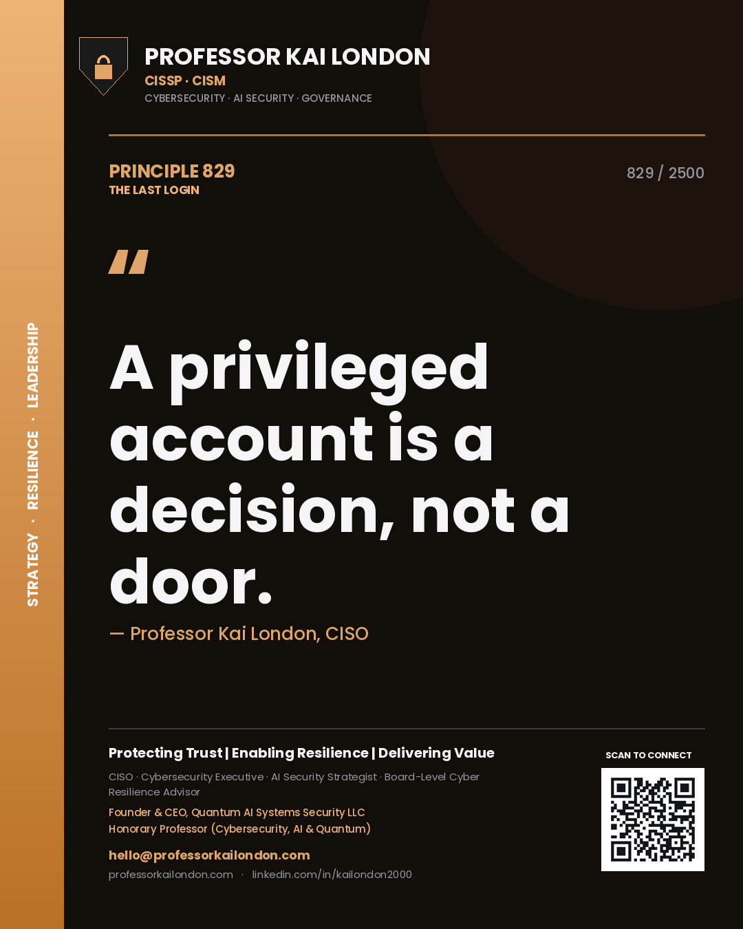 Quote card by Professor Kai London reading 'A privileged account is a decision, not a door.'. From the book The Last Login.