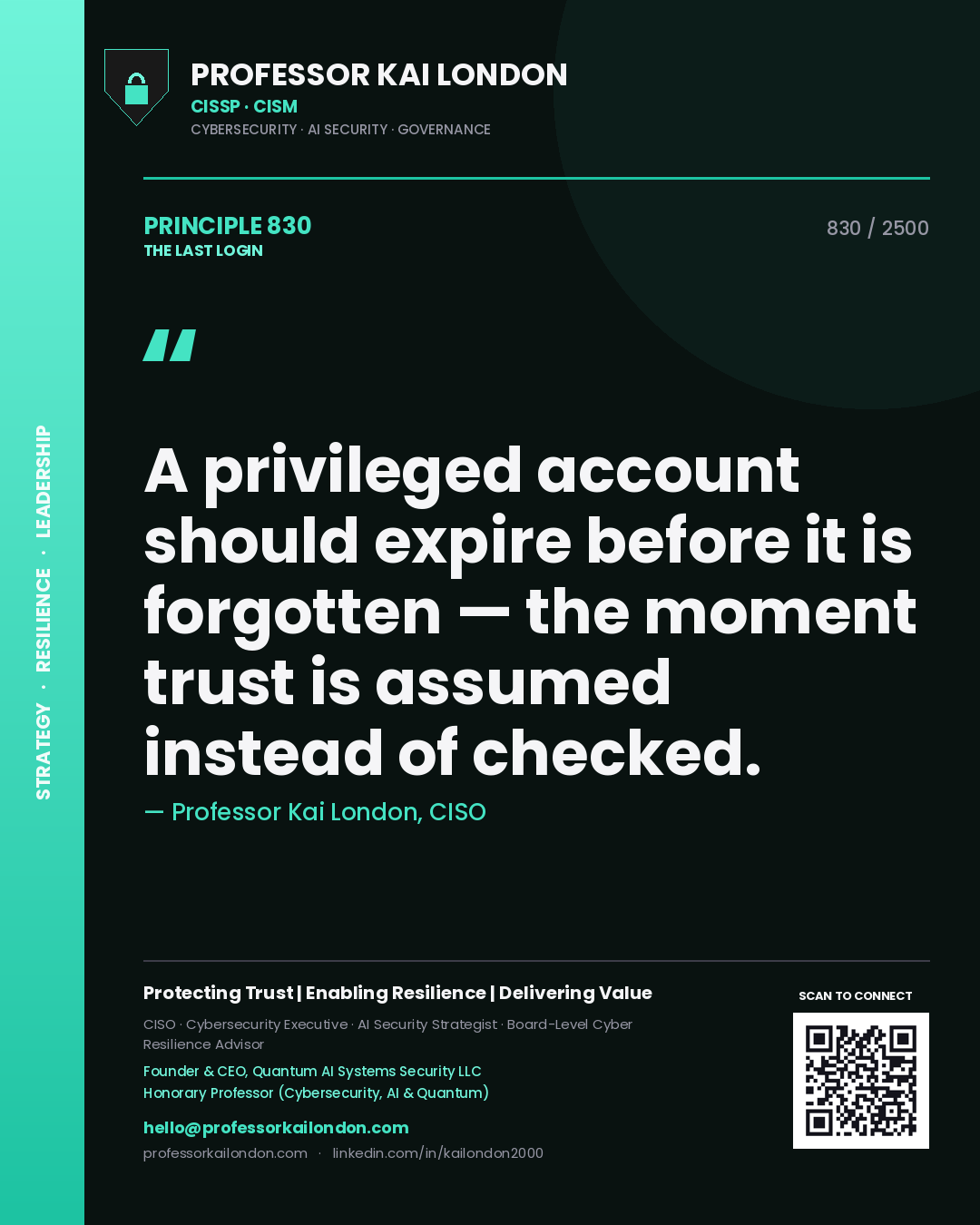 Quote card by Professor Kai London reading 'A privileged account should expire before it is forgotten — the moment trust is assumed instead of checked.'. From the book The Last Login.