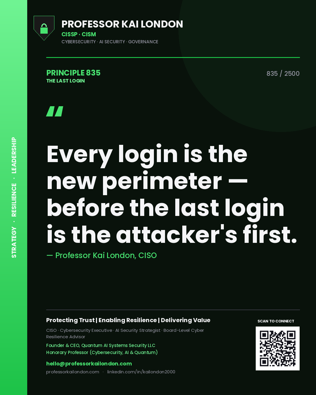 Quote card by Professor Kai London reading 'Every login is the new perimeter — before the last login is the attacker's first.'. From the book The Last Login.