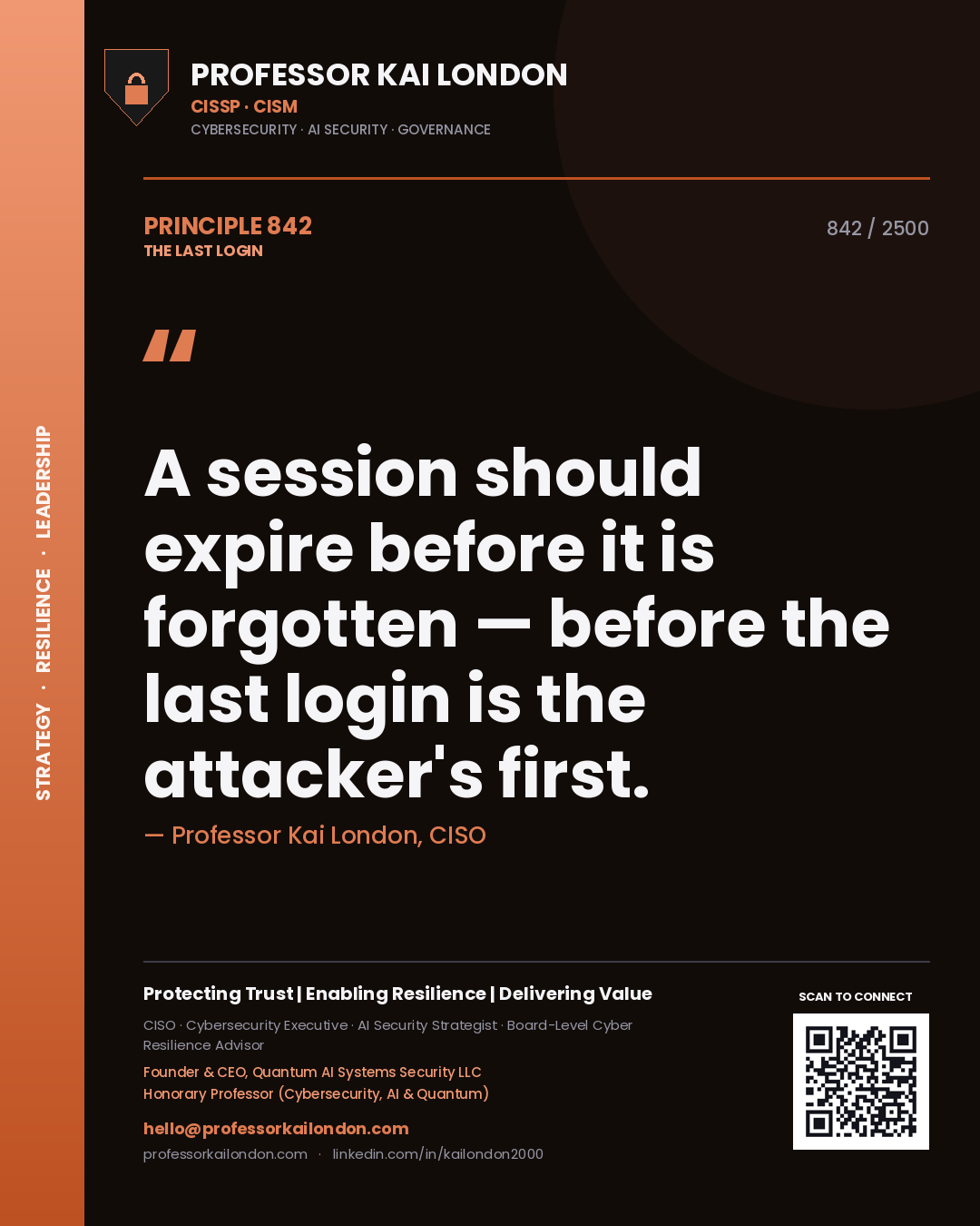 Quote card by Professor Kai London reading 'A session should expire before it is forgotten — before the last login is the attacker's first.'. From the book The Last Login.