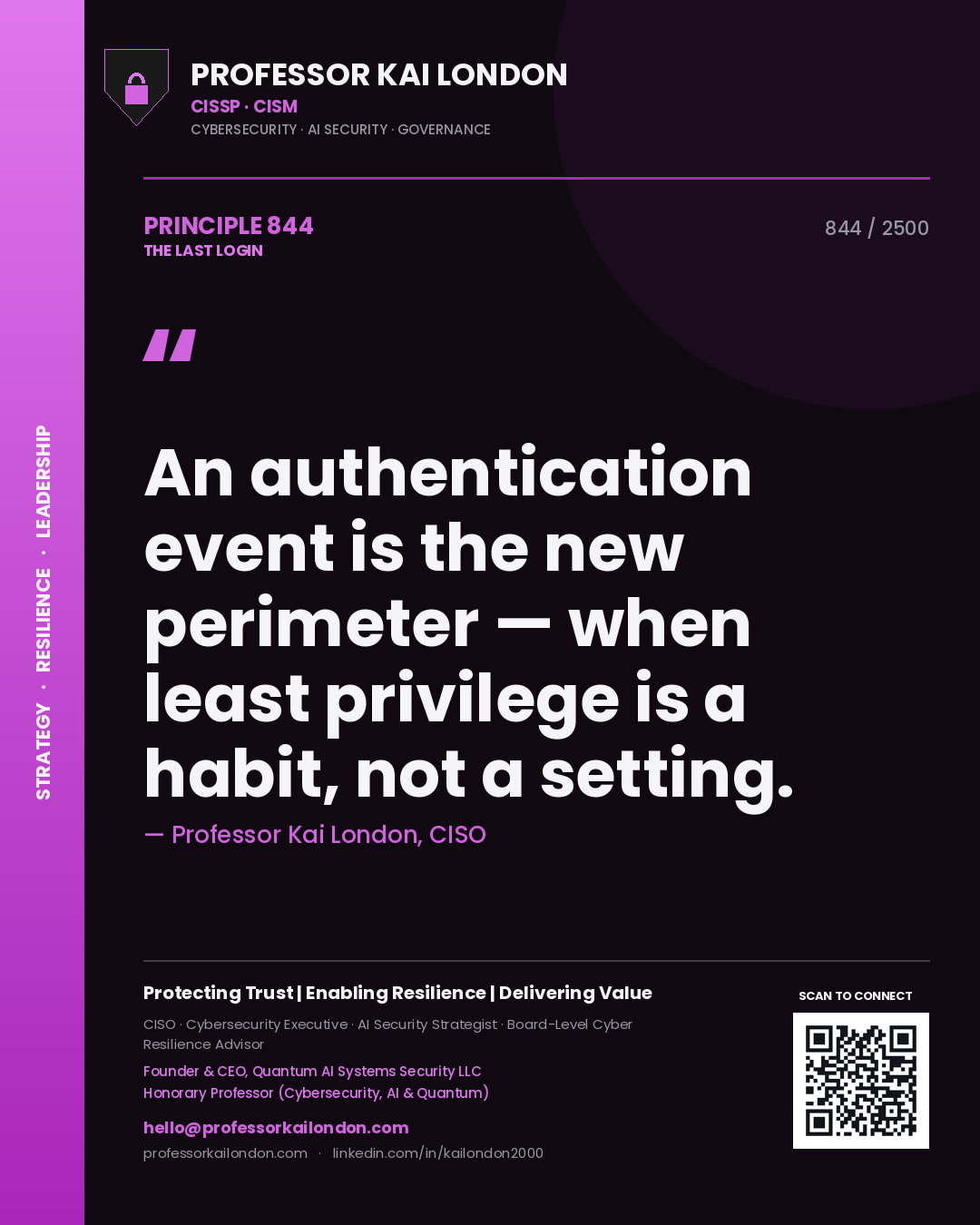 Quote card by Professor Kai London reading 'An authentication event is the new perimeter — when least privilege is a habit, not a setting.'. From the book The Last Login.