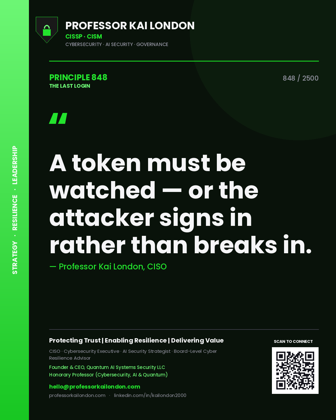 Quote card by Professor Kai London reading 'A token must be watched — or the attacker signs in rather than breaks in.'. From the book The Last Login.
