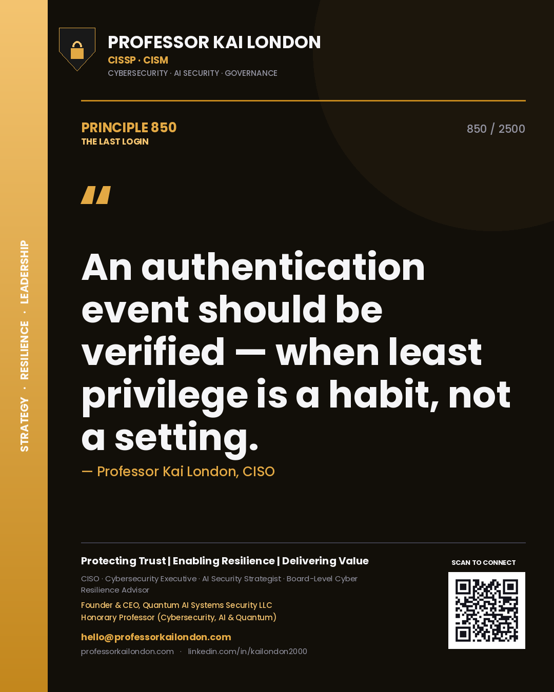 Quote card by Professor Kai London reading 'An authentication event should be verified — when least privilege is a habit, not a setting.'. From the book The Last Login.
