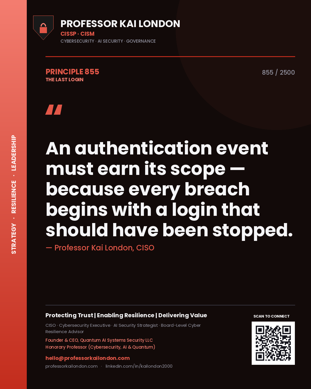 Quote card by Professor Kai London reading 'An authentication event must earn its scope — because every breach begins with a login that should have been stopped.'. From the book The Last Login.