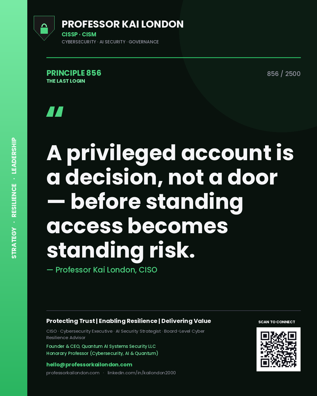 Quote card by Professor Kai London reading 'A privileged account is a decision, not a door — before standing access becomes standing risk.'. From the book The Last Login.