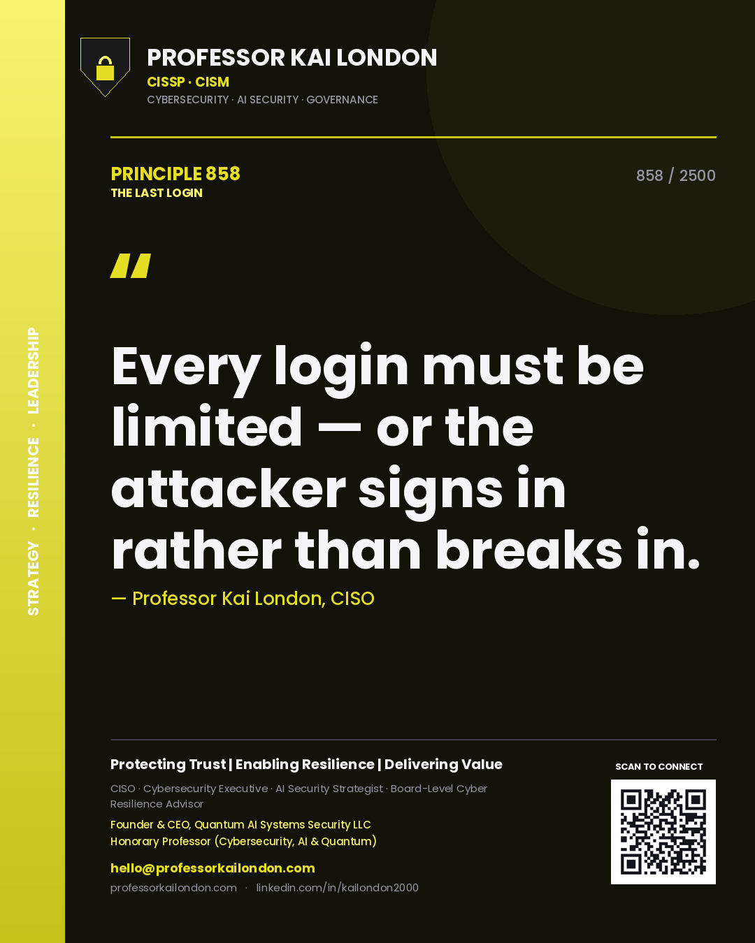 Quote card by Professor Kai London reading 'Every login must be limited — or the attacker signs in rather than breaks in.'. From the book The Last Login.