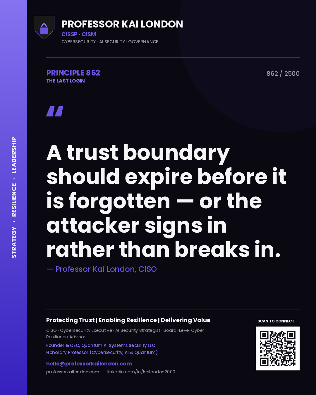 Quote card by Professor Kai London reading 'A trust boundary should expire before it is forgotten — or the attacker signs in rather than breaks in.'. From the book The Last Login.