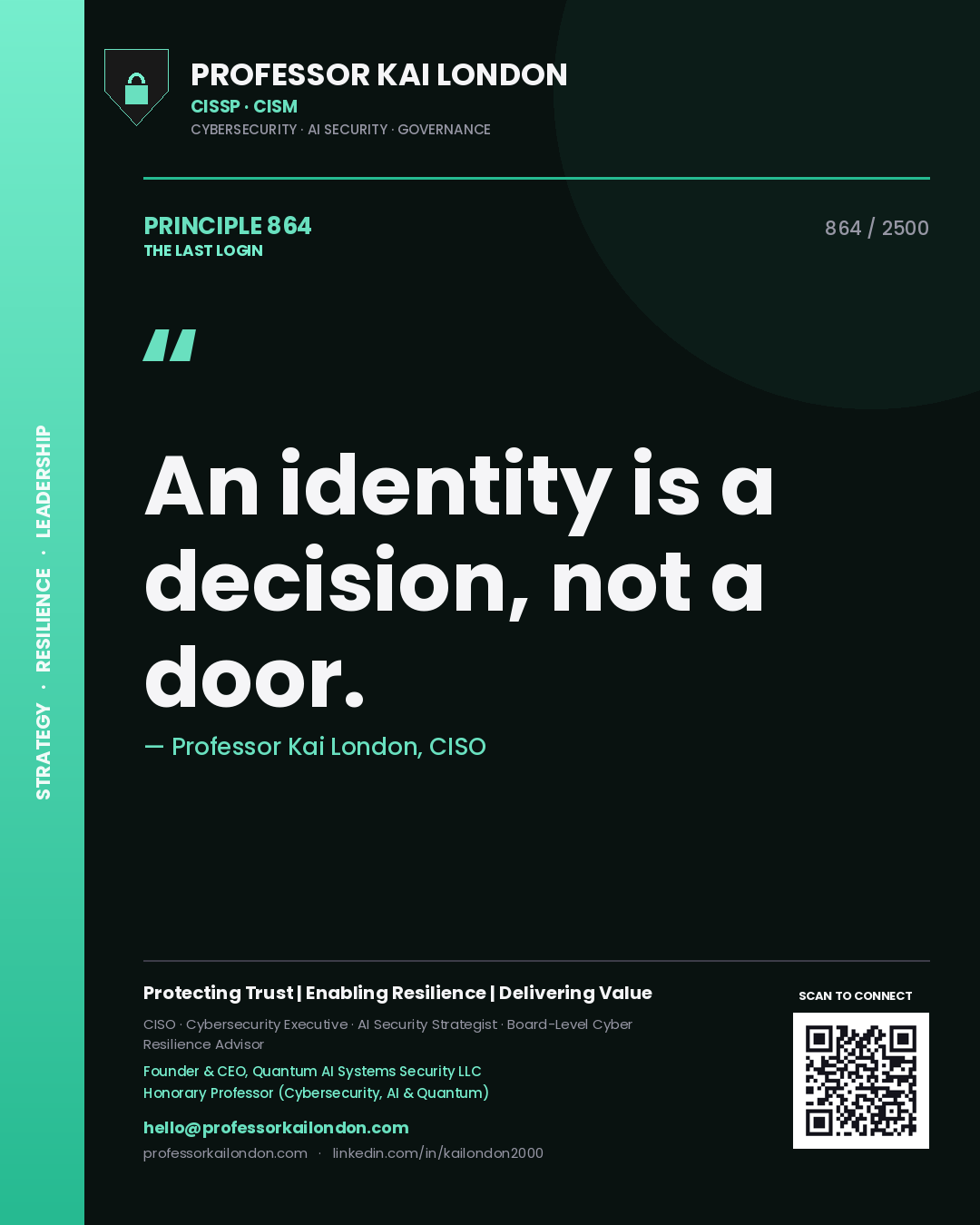 Quote card by Professor Kai London reading 'An identity is a decision, not a door.'. From the book The Last Login.