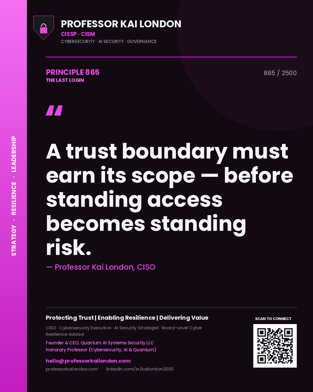 Quote card by Professor Kai London reading 'A trust boundary must earn its scope — before standing access becomes standing risk.'. From the book The Last Login.