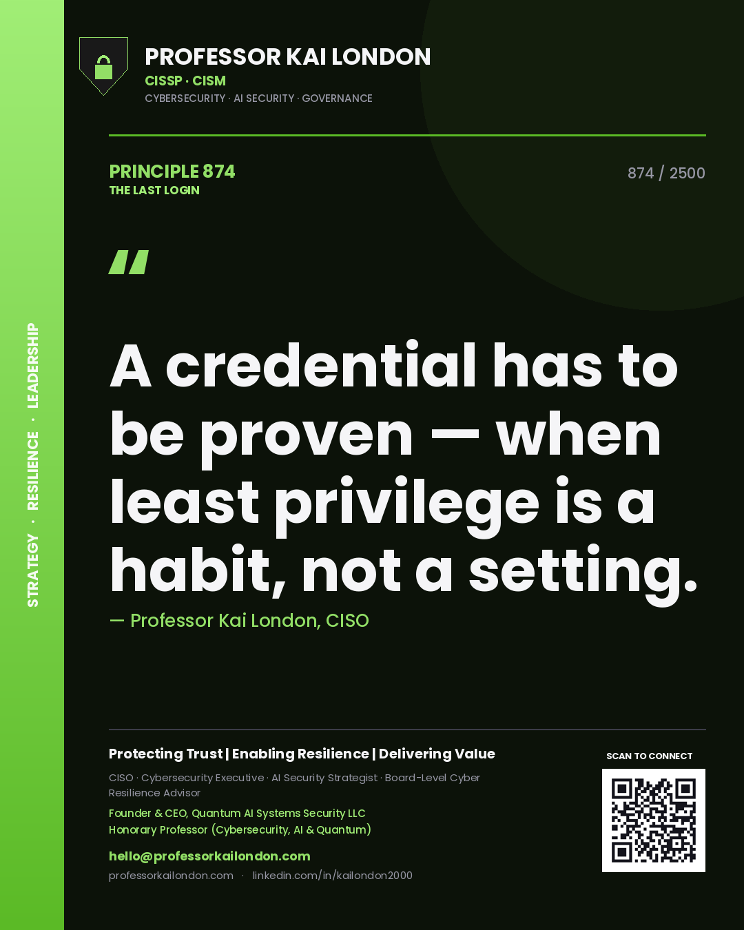 Quote card by Professor Kai London reading 'A credential has to be proven — when least privilege is a habit, not a setting.'. From the book The Last Login.