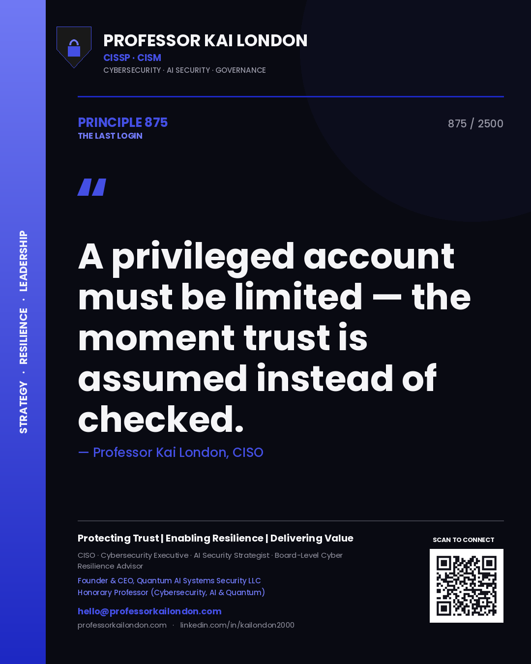 Quote card by Professor Kai London reading 'A privileged account must be limited — the moment trust is assumed instead of checked.'. From the book The Last Login.