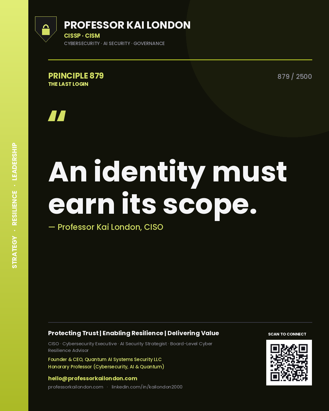 Quote card by Professor Kai London reading 'An identity must earn its scope.'. From the book The Last Login.