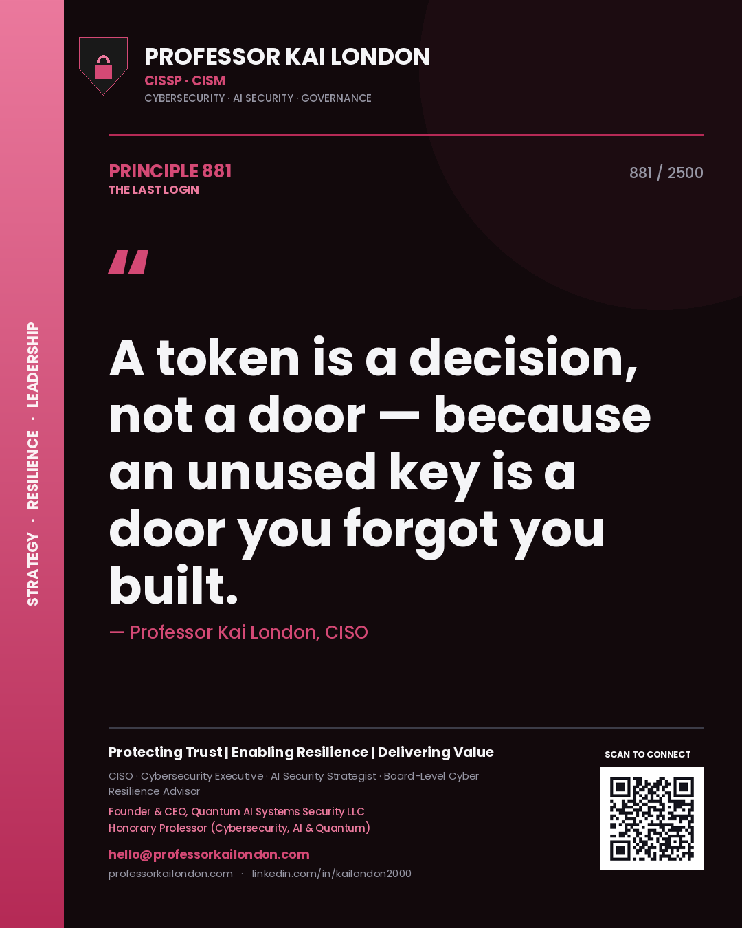 Quote card by Professor Kai London reading 'A token is a decision, not a door — because an unused key is a door you forgot you built.'. From the book The Last Login.