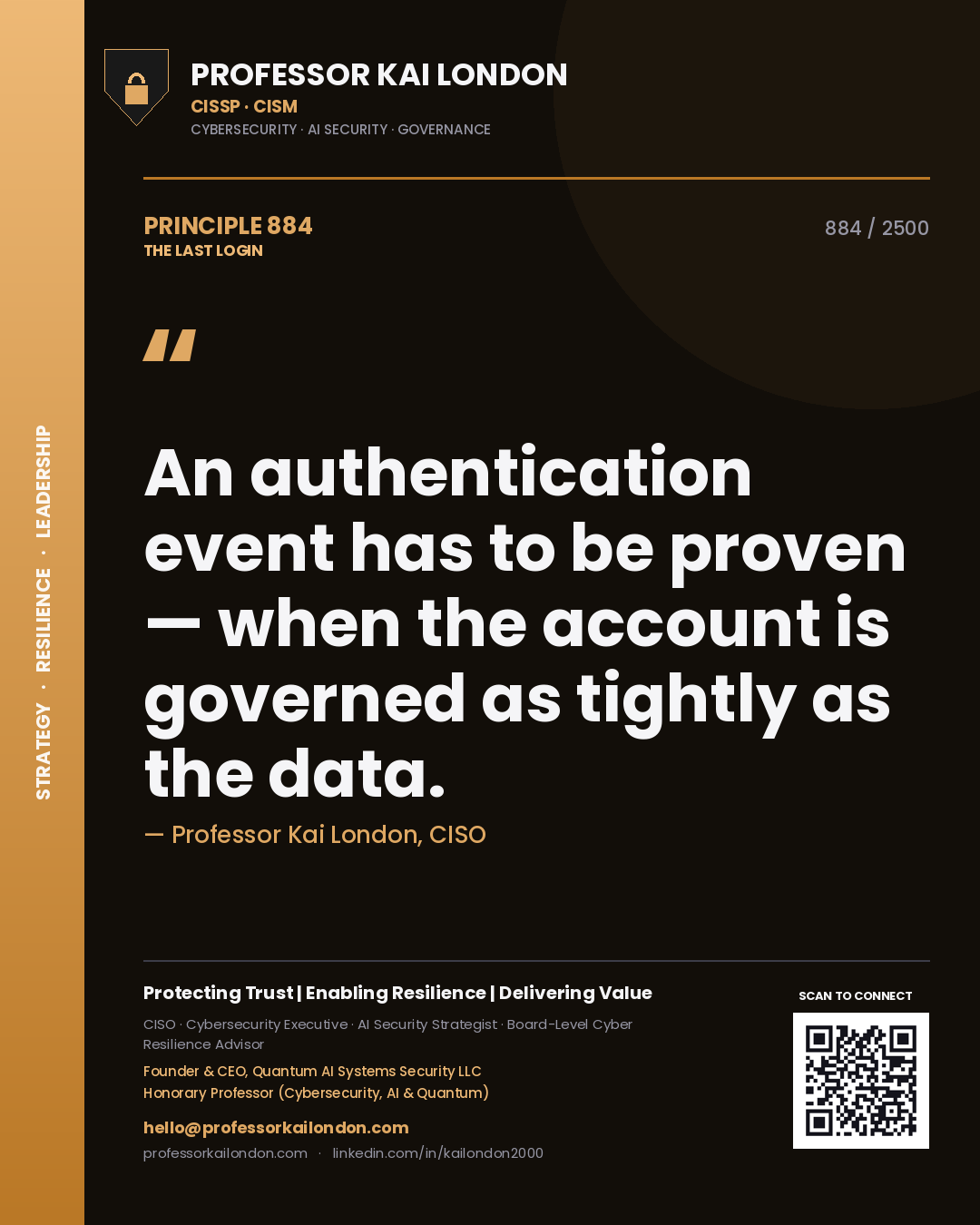 Quote card by Professor Kai London reading 'An authentication event has to be proven — when the account is governed as tightly as the data.'. From the book The Last Login.