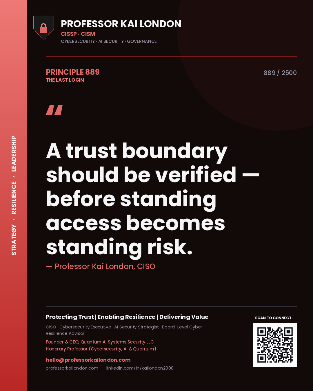 Quote card by Professor Kai London reading 'A trust boundary should be verified — before standing access becomes standing risk.'. From the book The Last Login.
