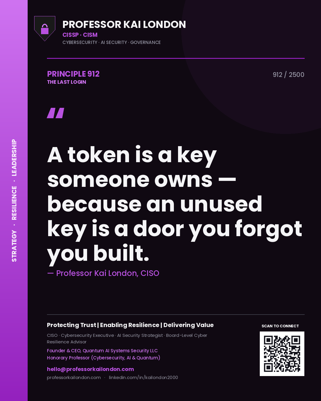 Professor Kai London principle 912: A token is a key someone owns — because an unused key is a door you forgot you built.