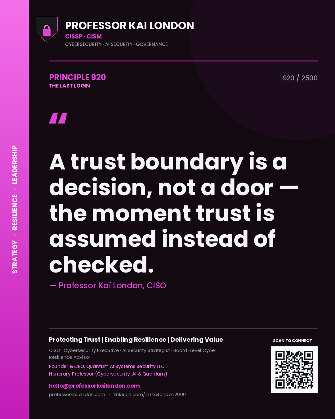 Quote card by Professor Kai London reading 'A trust boundary is a decision, not a door — the moment trust is assumed instead of checked.'. From the book The Last Login.