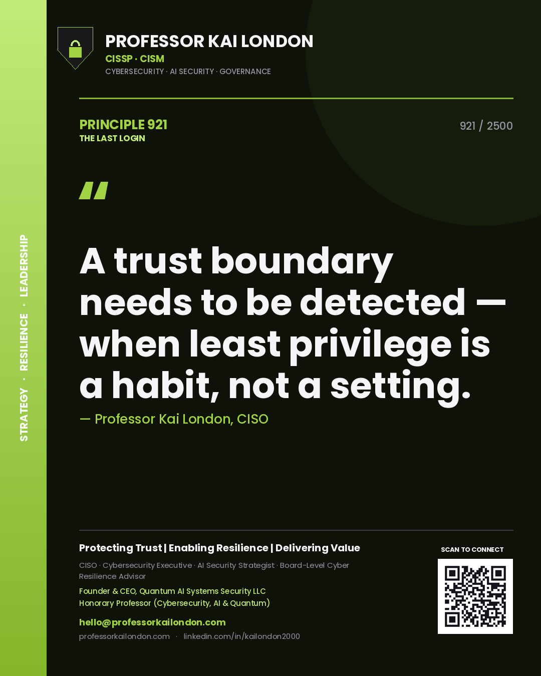 Quote card by Professor Kai London reading 'A trust boundary needs to be detected — when least privilege is a habit, not a setting.'. From the book The Last Login.