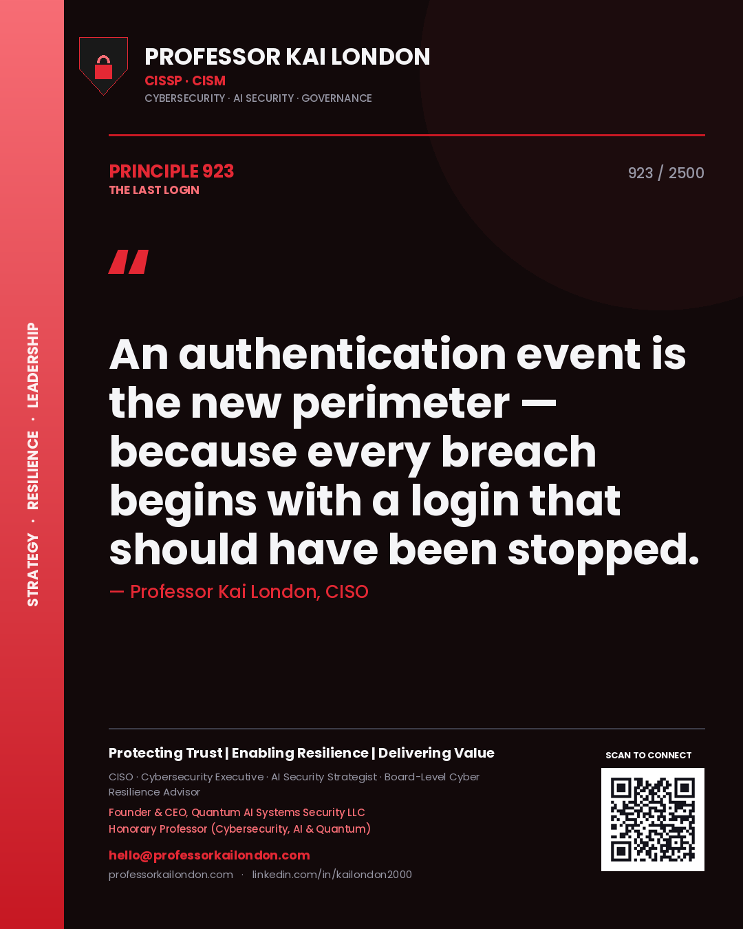 Quote card by Professor Kai London reading 'An authentication event is the new perimeter — because every breach begins with a login that should have been stopped.'. From the book The Last Login.