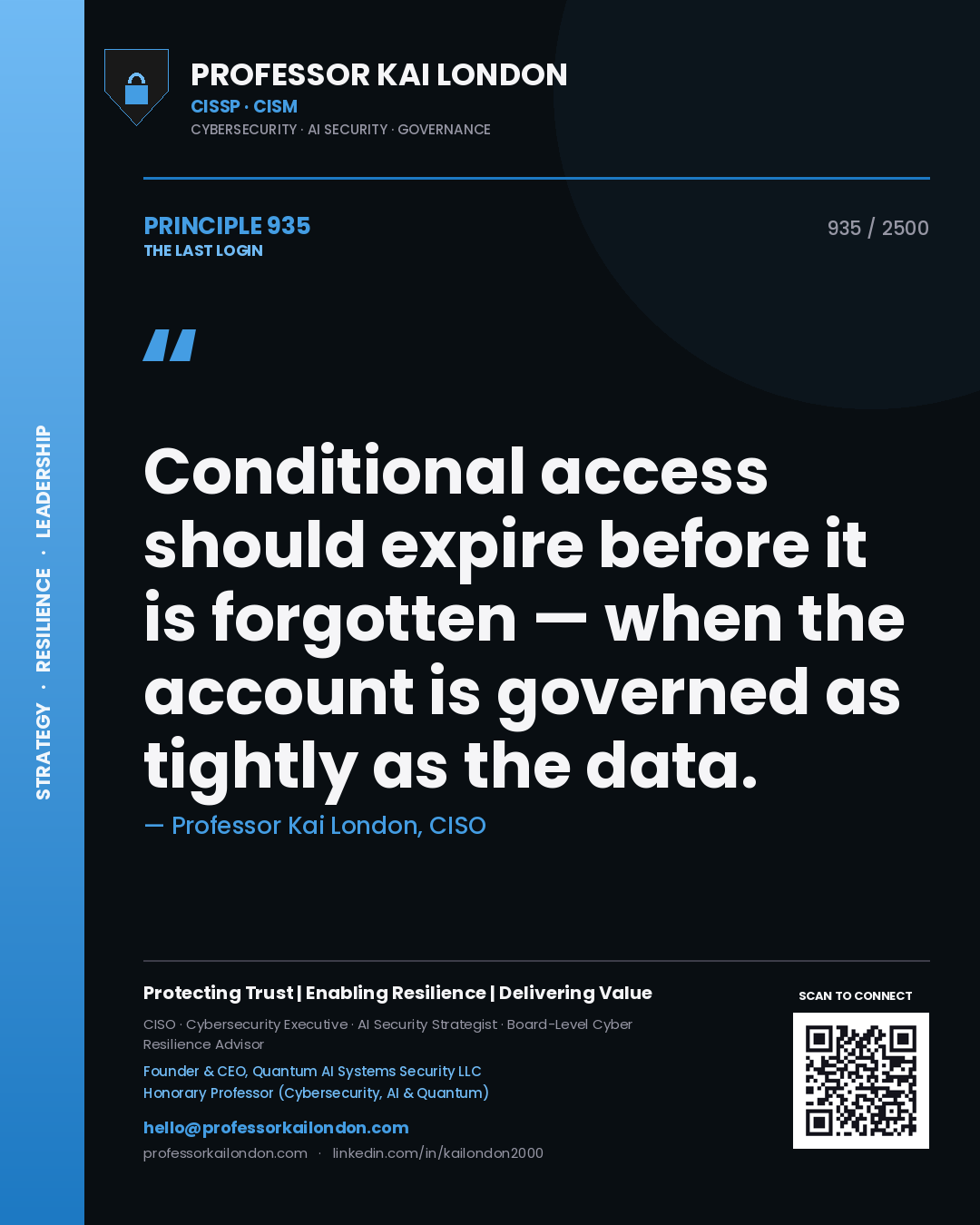 Professor Kai London principle 935: Conditional access should expire before it is forgotten — when the account is governed as tightly as the data.