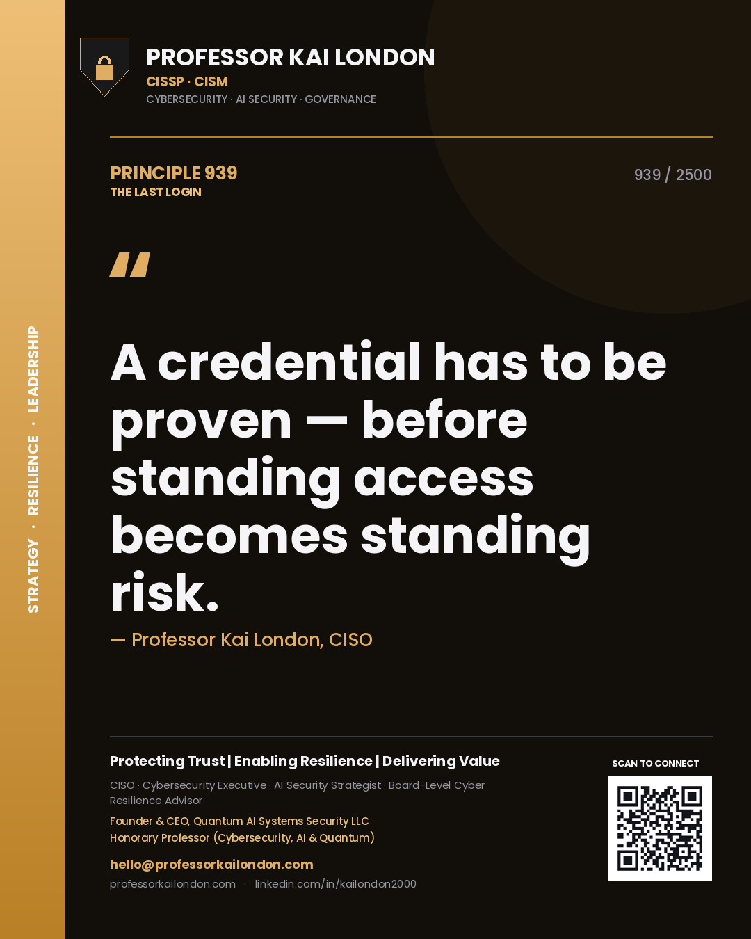 Quote card by Professor Kai London reading 'A credential has to be proven — before standing access becomes standing risk.'. From the book The Last Login.