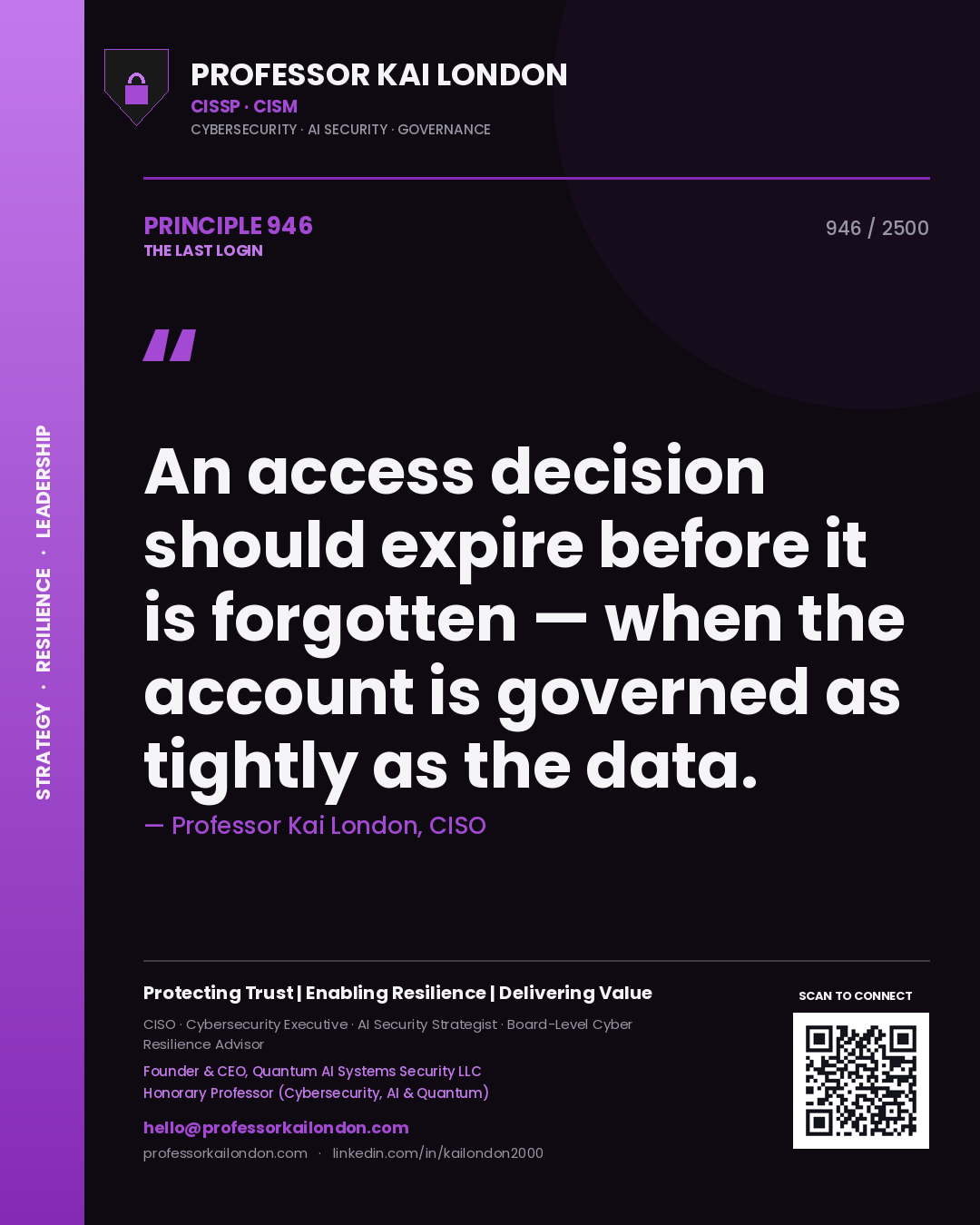 Professor Kai London principle 946: An access decision should expire before it is forgotten — when the account is governed as tightly as the data.