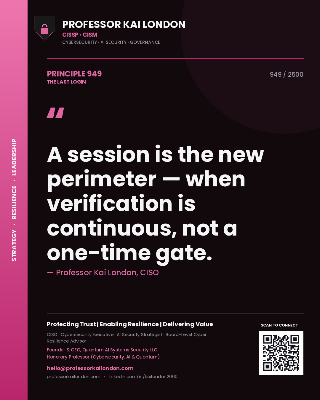 Quote card by Professor Kai London reading 'A session is the new perimeter — when verification is continuous, not a one-time gate.'. From the book The Last Login.