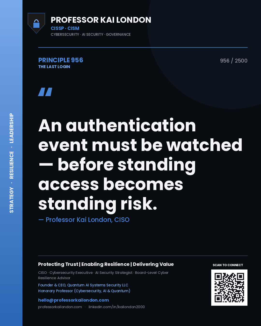 Quote card by Professor Kai London reading 'An authentication event must be watched — before standing access becomes standing risk.'. From the book The Last Login.