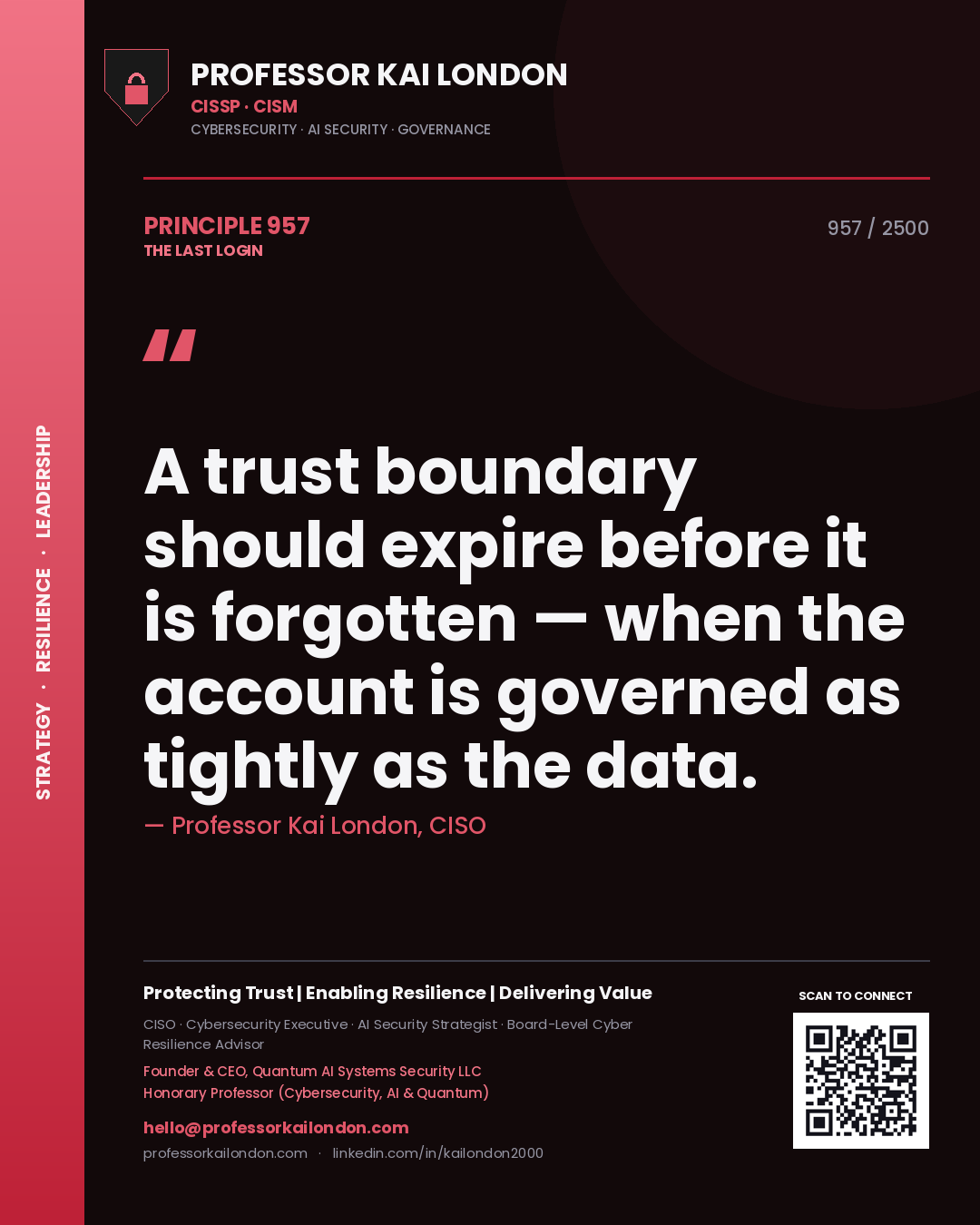 Professor Kai London principle 957: A trust boundary should expire before it is forgotten — when the account is governed as tightly as the data.