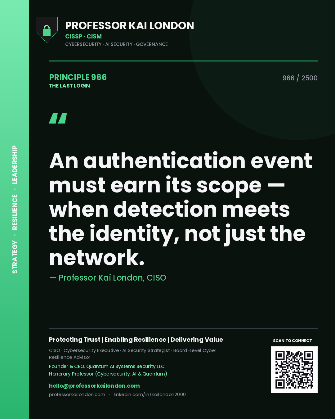 Professor Kai London principle 966: An authentication event must earn its scope — when detection meets the identity, not just the network.