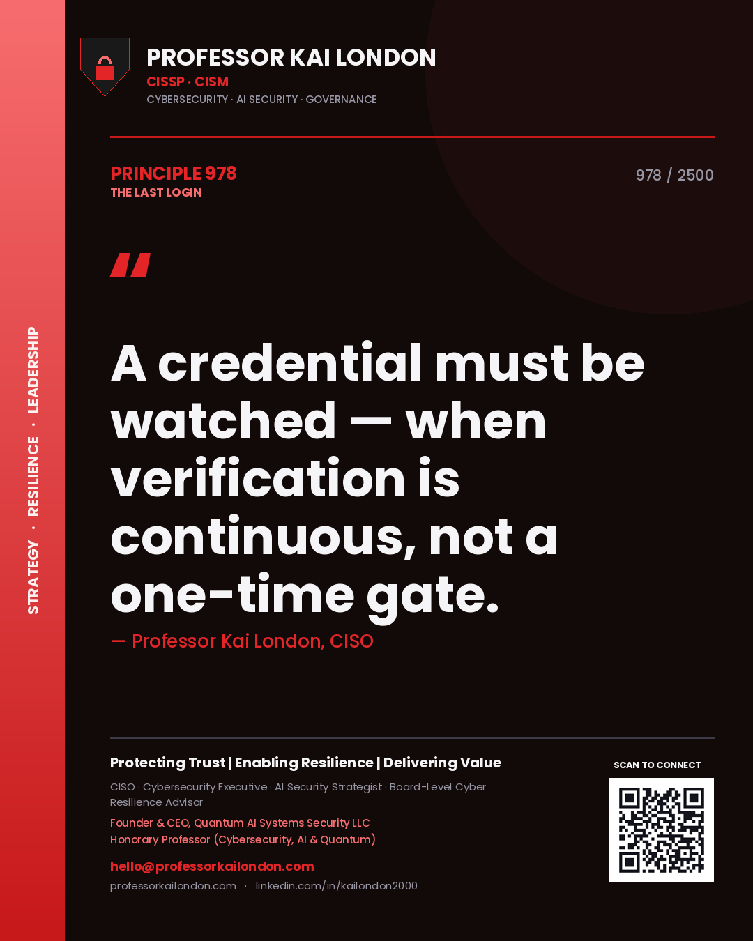 Quote card by Professor Kai London reading 'A credential must be watched — when verification is continuous, not a one-time gate.'. From the book The Last Login.