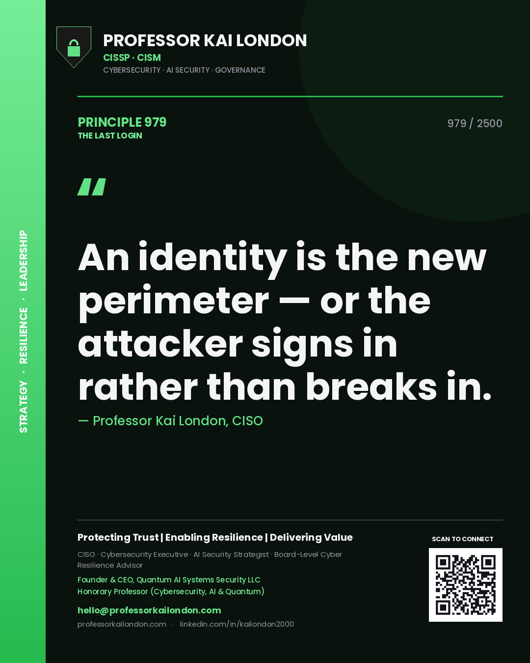 Quote card by Professor Kai London reading 'An identity is the new perimeter — or the attacker signs in rather than breaks in.'. From the book The Last Login.