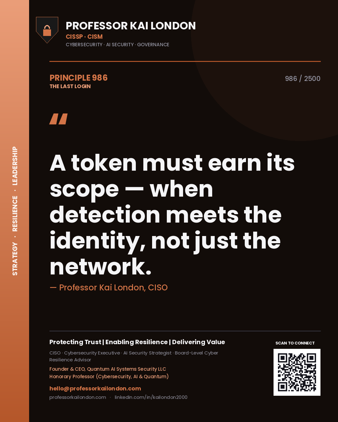 Professor Kai London principle 986: A token must earn its scope — when detection meets the identity, not just the network.