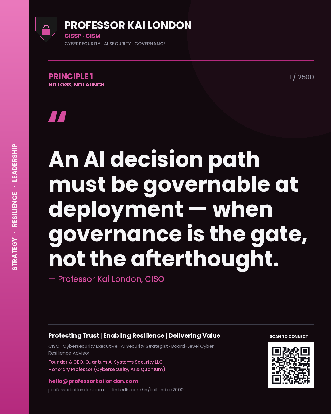 Quote card by Professor Kai London reading 'An AI decision path must be governable at deployment — when governance is the gate, not the afterthought.'. From the book No Logs, No Launch.