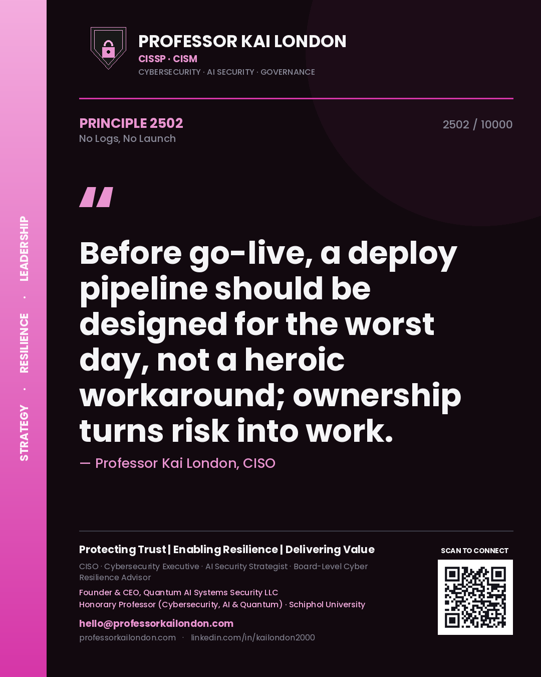 Professor Kai London principle 2502: Before go-live, a deploy pipeline should be designed for the worst day, not a heroic workaround; ownership turns risk into work.