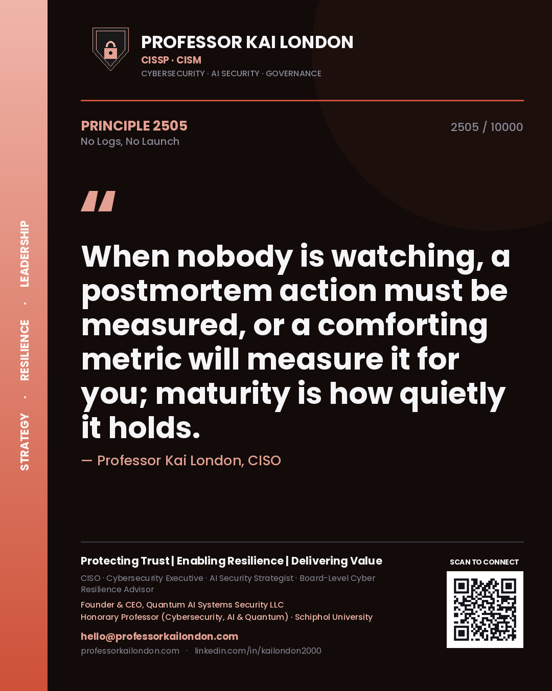 Quote card by Professor Kai London reading 'When nobody is watching, a postmortem action must be measured, or a comforting metric will measure it for you; maturity is how quietly it holds.'. From the book No Logs, No Launch.
