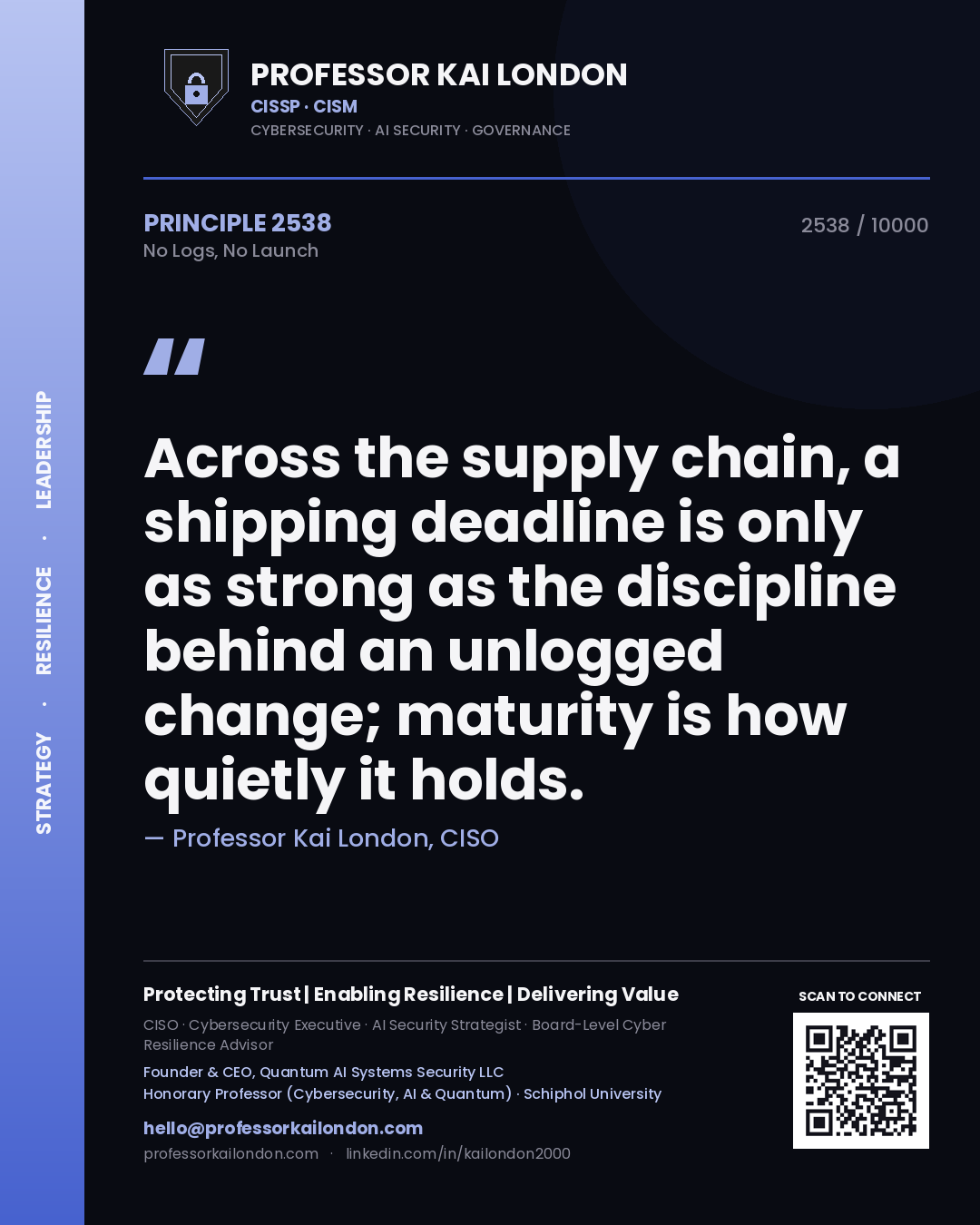Professor Kai London principle 2538: Across the supply chain, a shipping deadline is only as strong as the discipline behind an unlogged change; maturity is how quietly it holds.