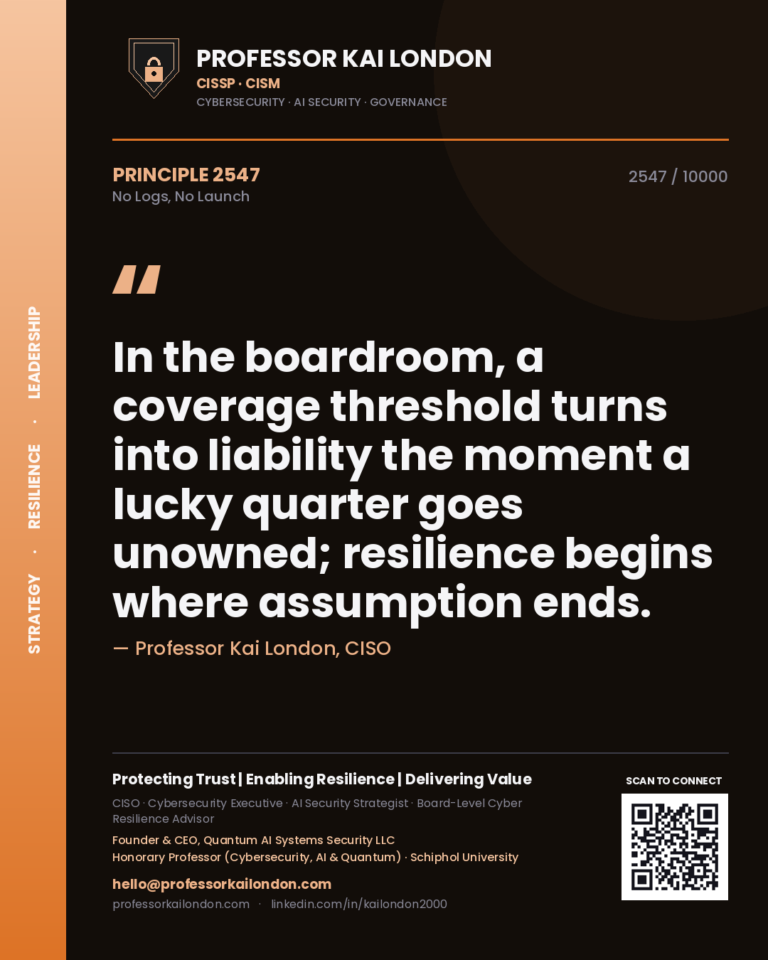 Quote card by Professor Kai London reading 'In the boardroom, a coverage threshold turns into liability the moment a lucky quarter goes unowned; resilience begins where assumption ends.'. From the book No Logs, No Launch.