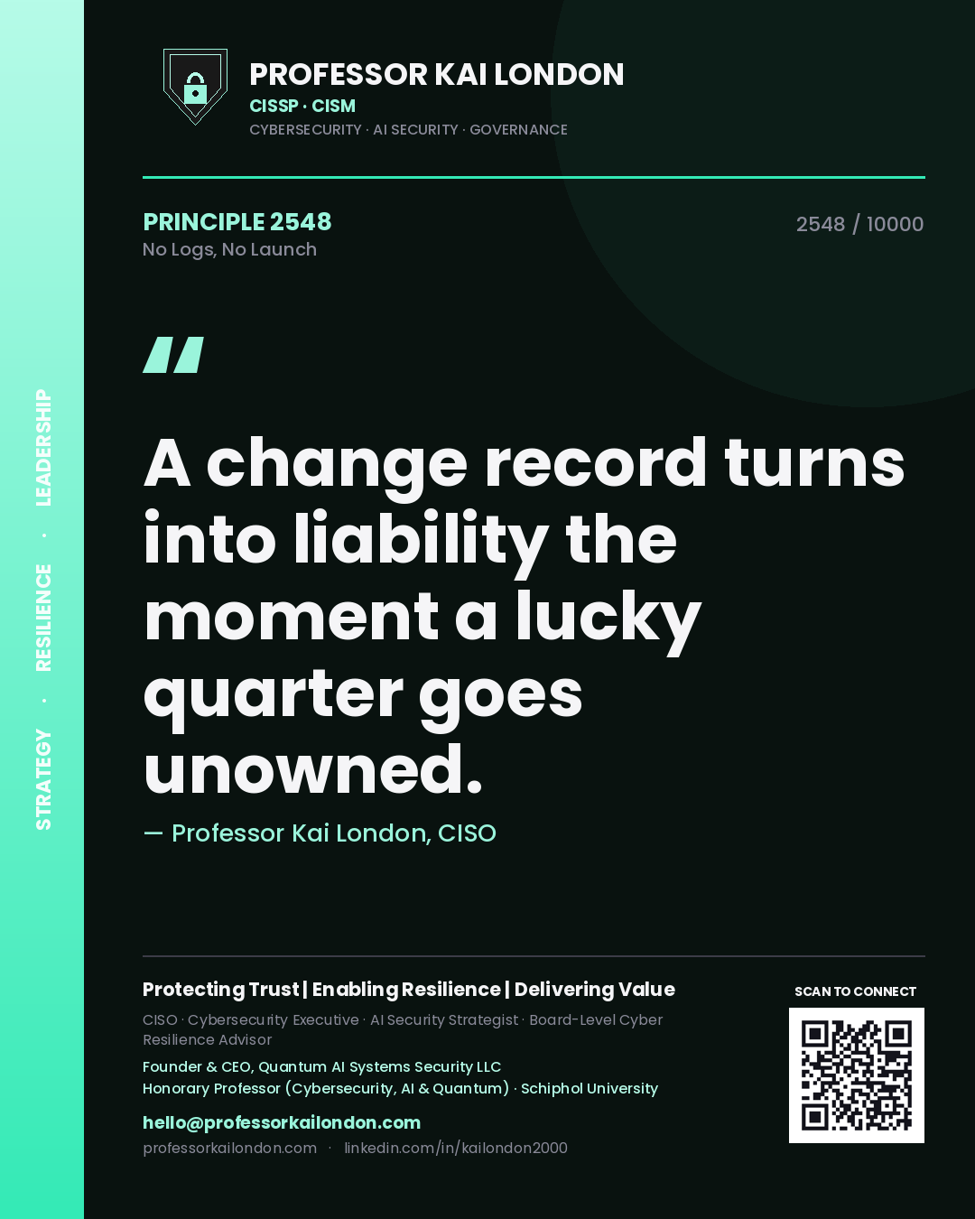 Quote card by Professor Kai London reading 'A change record turns into liability the moment a lucky quarter goes unowned.'. From the book No Logs, No Launch.
