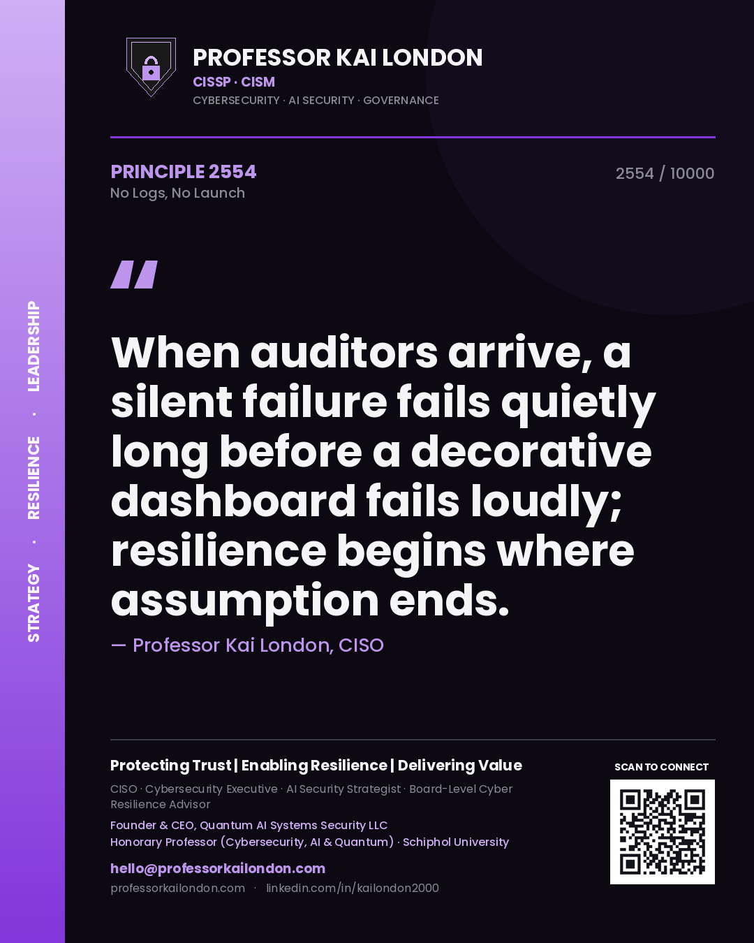Professor Kai London principle 2554: When auditors arrive, a silent failure fails quietly long before a decorative dashboard fails loudly; resilience begins where assumption ends.