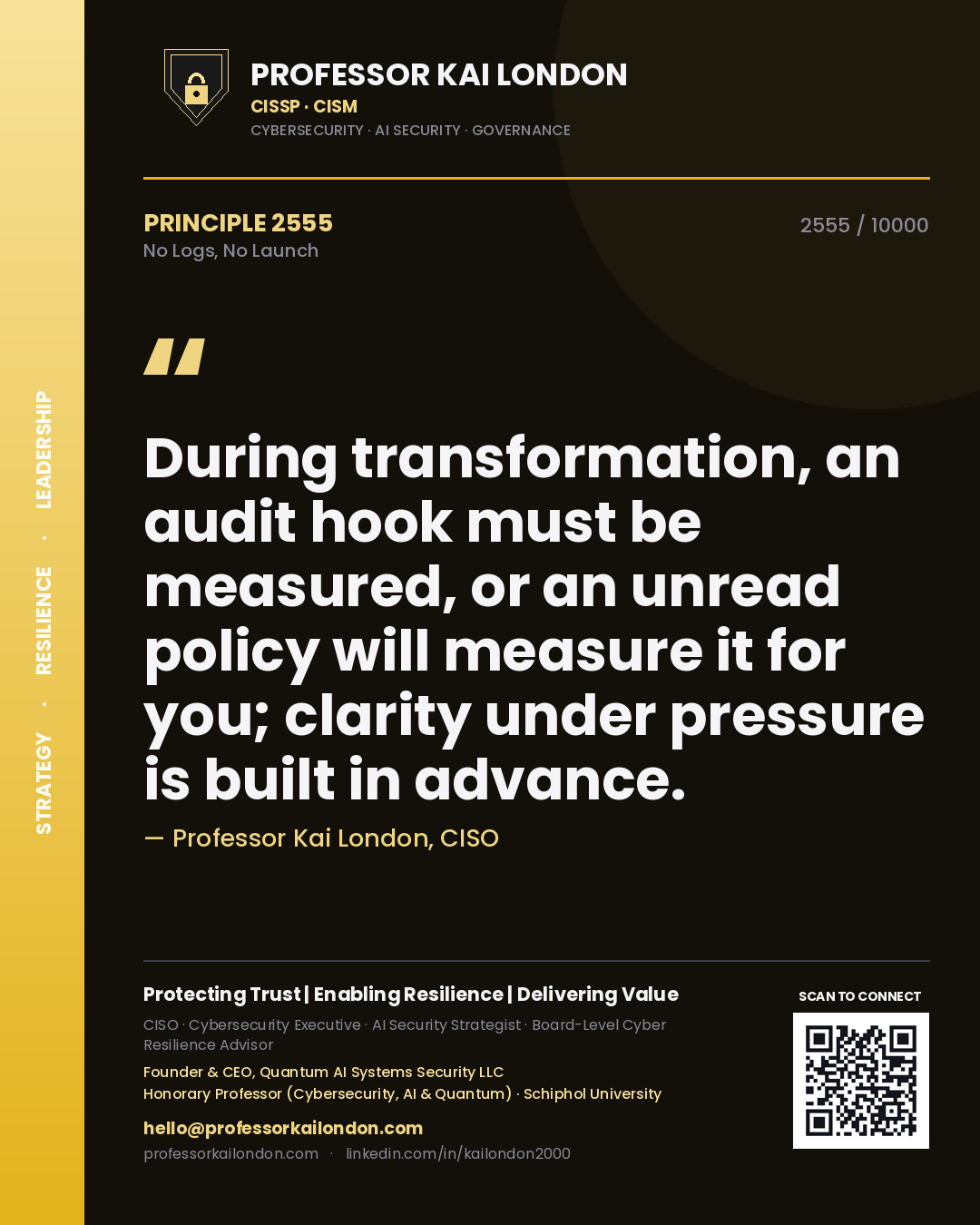 Professor Kai London principle 2555: During transformation, an audit hook must be measured, or an unread policy will measure it for you; clarity under pressure is built in advance.