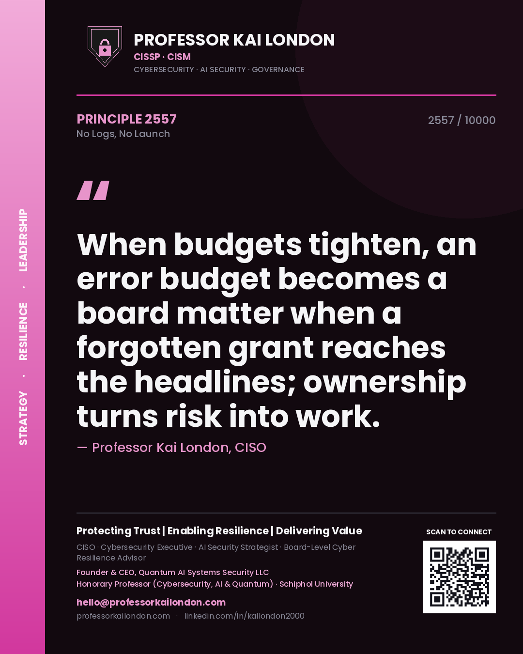 Professor Kai London principle 2557: When budgets tighten, an error budget becomes a board matter when a forgotten grant reaches the headlines; ownership turns risk into work.
