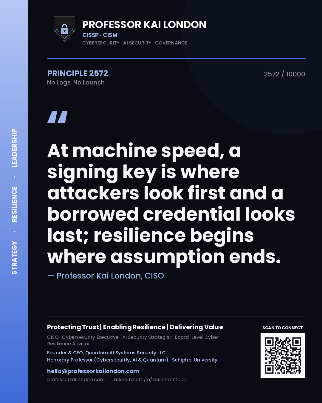 Quote card by Professor Kai London reading 'At machine speed, a signing key is where attackers look first and a borrowed credential looks last; resilience begins where assumption ends.'. From the book No Logs, No Launch.
