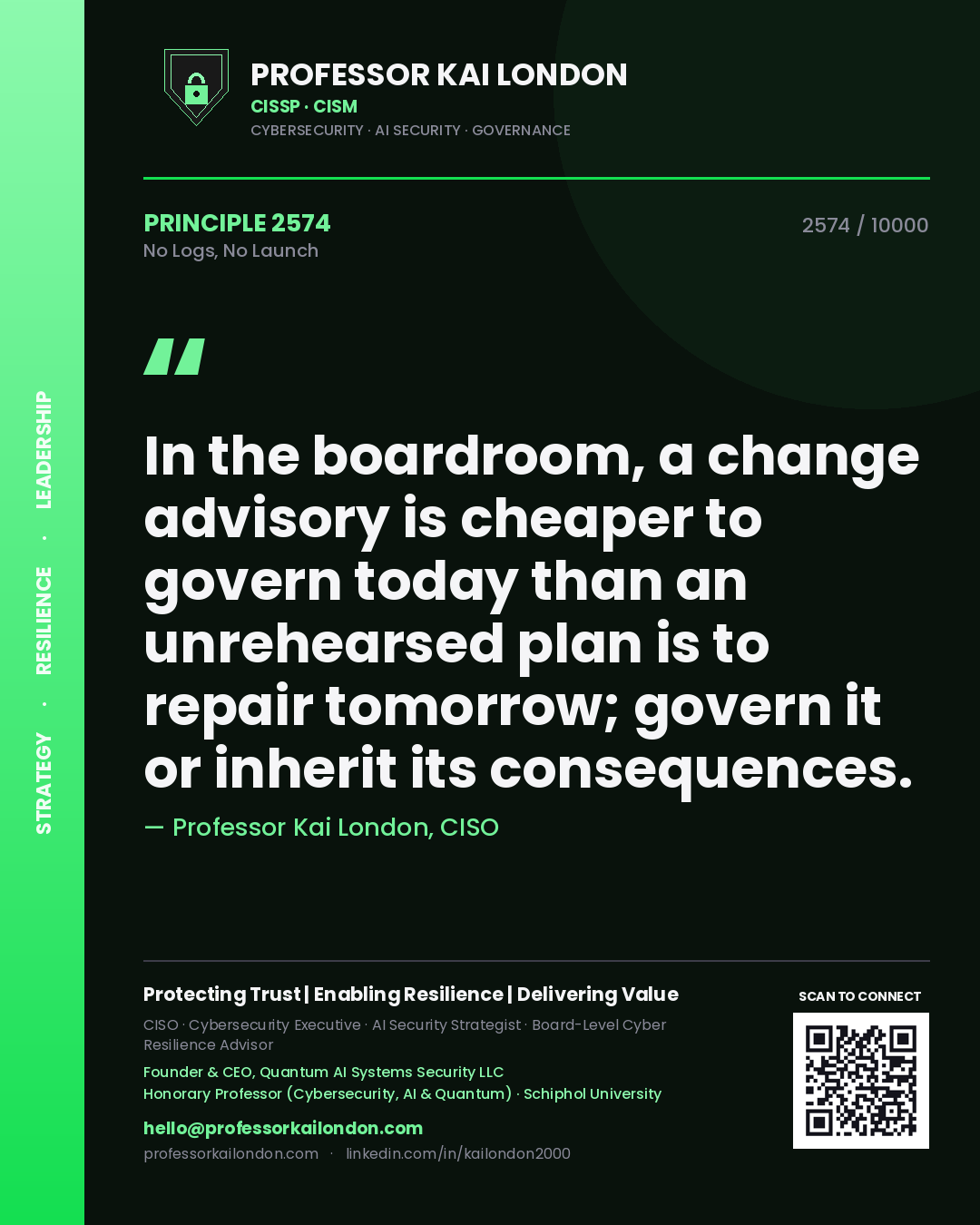 Professor Kai London principle 2574: In the boardroom, a change advisory is cheaper to govern today than an unrehearsed plan is to repair tomorrow; govern it or inherit its consequences.