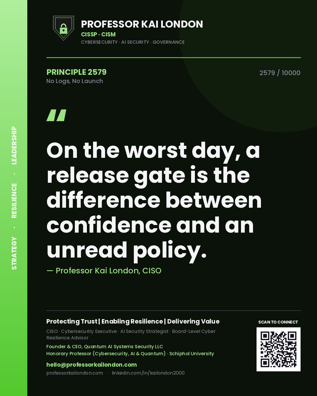 Professor Kai London principle 2579: On the worst day, a release gate is the difference between confidence and an unread policy.