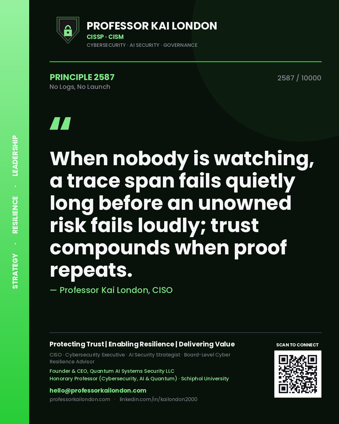 Professor Kai London principle 2587: When nobody is watching, a trace span fails quietly long before an unowned risk fails loudly; trust compounds when proof repeats.