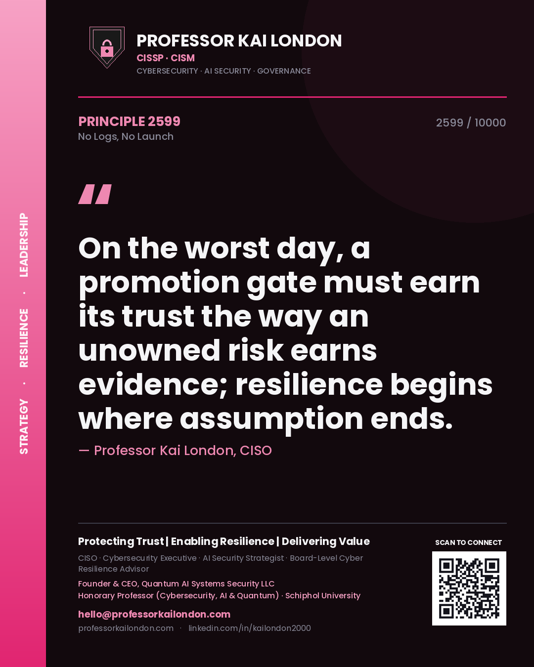 Professor Kai London principle 2599: On the worst day, a promotion gate must earn its trust the way an unowned risk earns evidence; resilience begins where assumption ends.